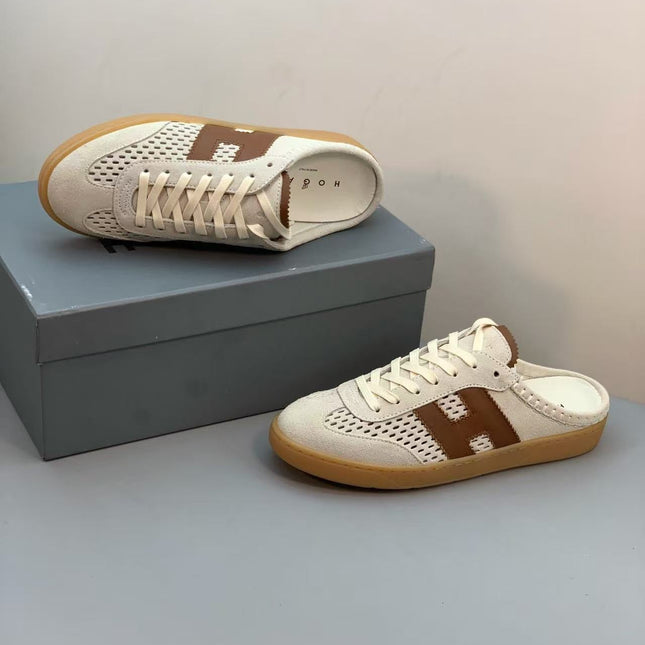 HOGAN 26S H MOTIF LACE-UP MULE IN ECRU & BROWN SUEDE