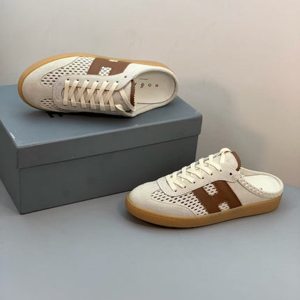 HOGAN 26S H MOTIF LACE-UP MULE IN ECRU & BROWN SUEDE