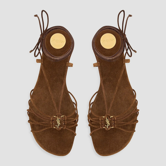 YSL 26S CASSANDRE LACE-UP SANDALS IN BROWN SUEDE