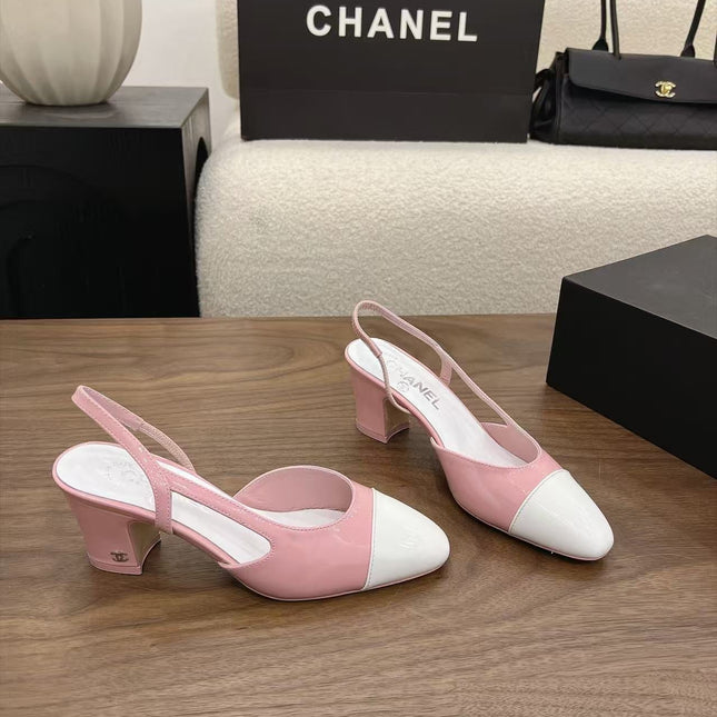 CHANEL  TWO-TONE SLINGBACK HEELS 55MM IN PINK AND WHITE CALFSKIN