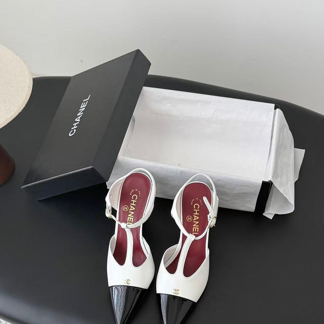 CHANEL 26S SLINGBACK PUMPS IN WHITE LAMBSKIN & BLACK PATENT LEATHER