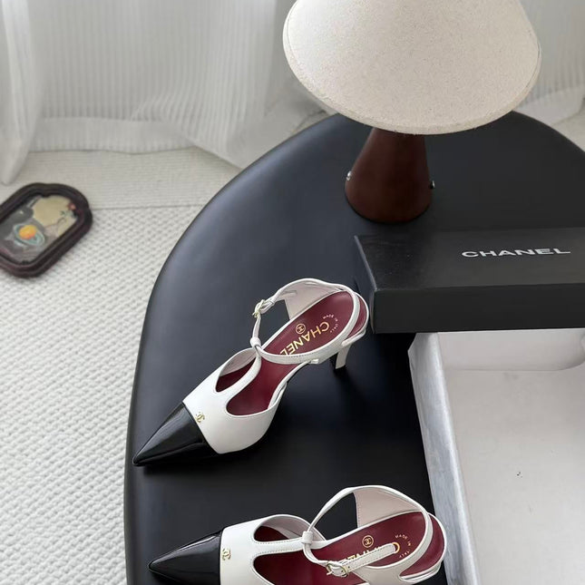 CHANEL 26S SLINGBACK PUMPS IN WHITE LAMBSKIN & BLACK PATENT LEATHER