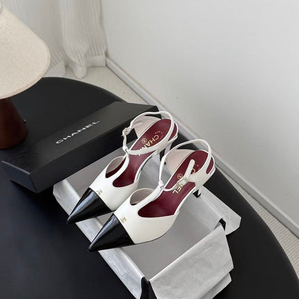 CHANEL 26S SLINGBACK PUMPS IN WHITE LAMBSKIN & BLACK PATENT LEATHER