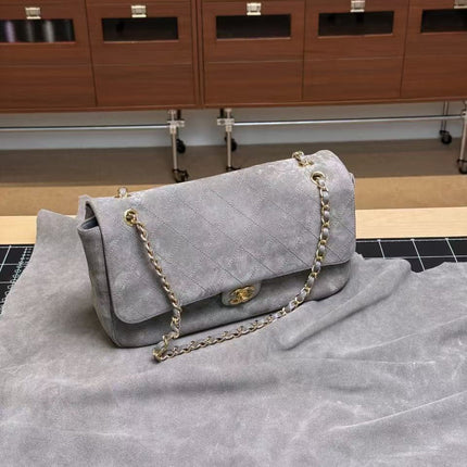 CHANEL 26S CLASSIC FLAP BAG IN LIGHT GREY SUEDE