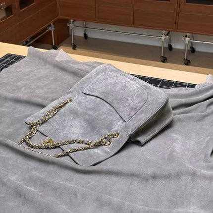 CHANEL 26S CLASSIC FLAP BAG IN LIGHT GREY SUEDE