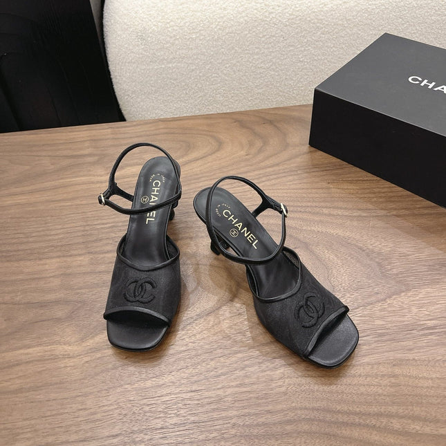 CHANEL 26S CC LOGO SLINGBACK SANDALS IN BLACK CANVAS