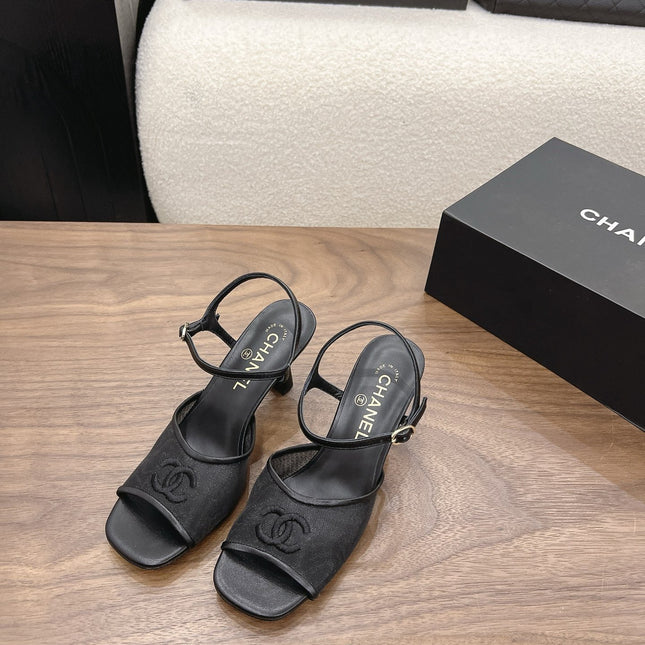 CHANEL 26S CC LOGO SLINGBACK SANDALS IN BLACK CANVAS