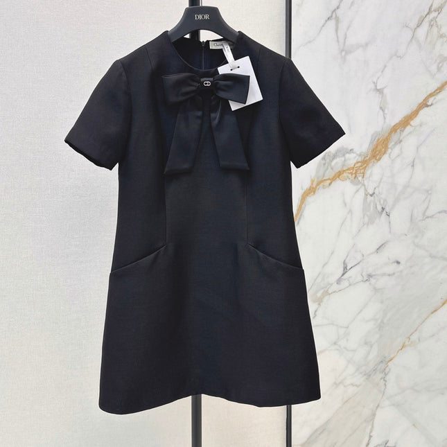 DIOR 26S BOW DETAIL MINI DRESS IN BLACK WOOL BLEND