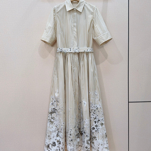 DIOR 26S STRIPED FLORAL HEM SHIRT DRESS IN WHITE & BEIGE COTTON