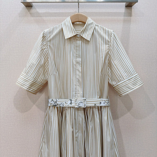 DIOR 26S STRIPED FLORAL HEM SHIRT DRESS IN WHITE & BEIGE COTTON
