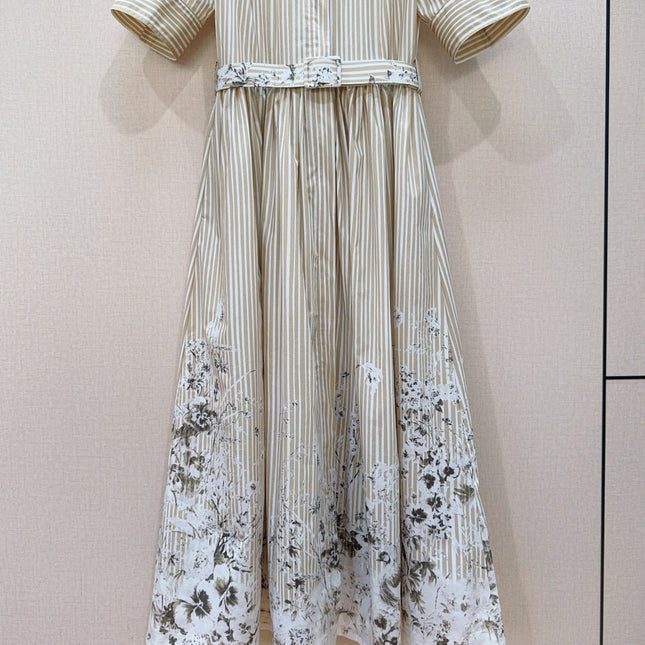 DIOR 26S STRIPED FLORAL HEM SHIRT DRESS IN WHITE & BEIGE COTTON