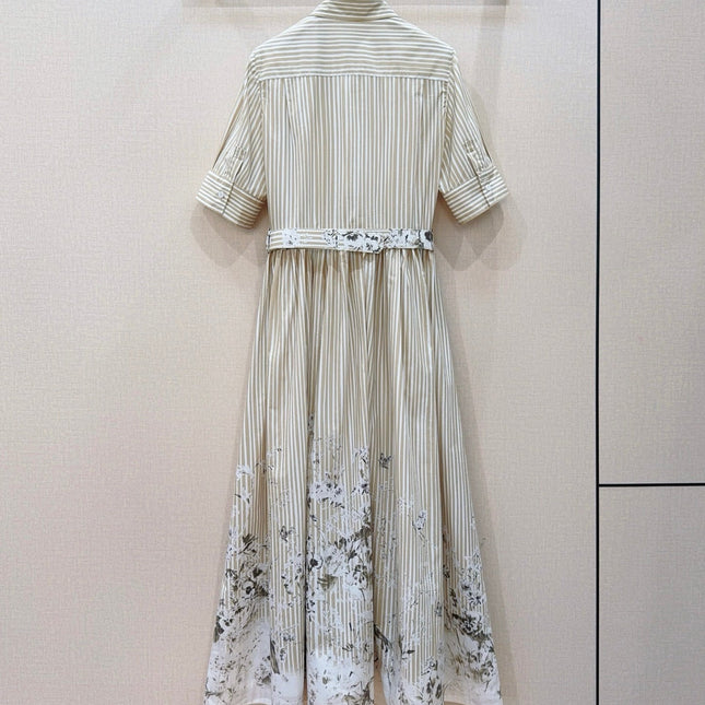 DIOR 26S STRIPED FLORAL HEM SHIRT DRESS IN WHITE & BEIGE COTTON