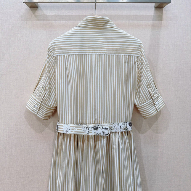 DIOR 26S STRIPED FLORAL HEM SHIRT DRESS IN WHITE & BEIGE COTTON