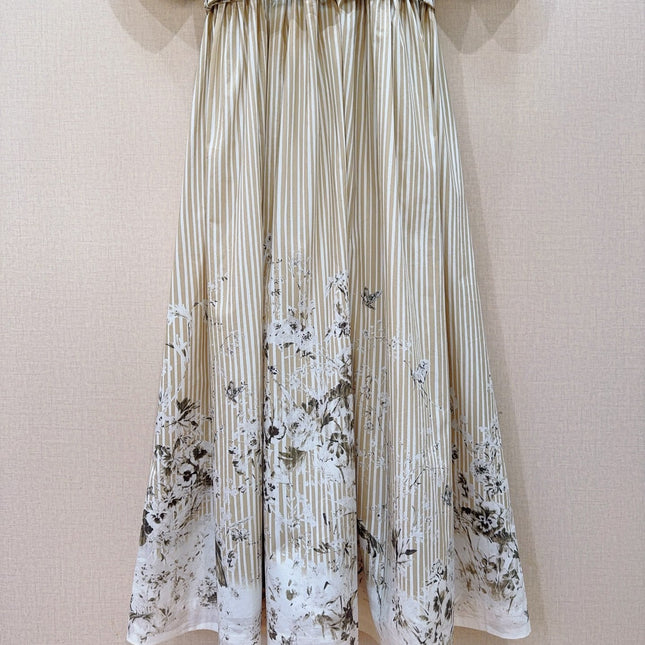 DIOR 26S STRIPED FLORAL HEM SHIRT DRESS IN WHITE & BEIGE COTTON