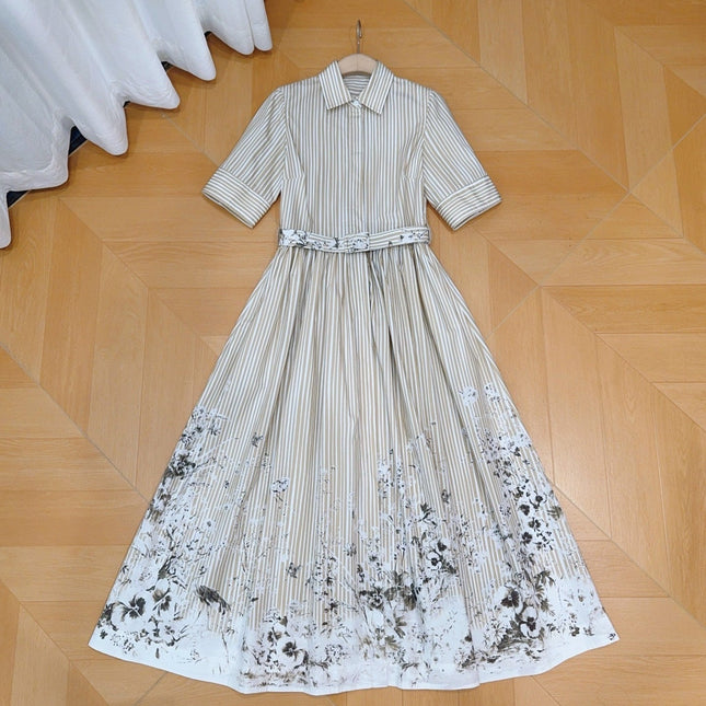 DIOR 26S STRIPED FLORAL HEM SHIRT DRESS IN WHITE & BEIGE COTTON