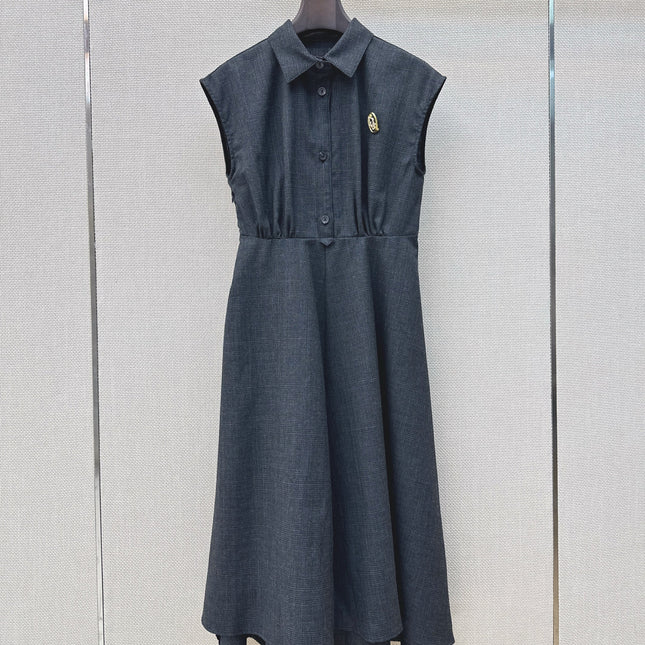 DIOR 26S SLEEVELESS FLARED SHIRT DRESS IN DARK BLUE LINEN BLEND