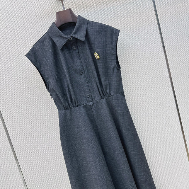 DIOR 26S SLEEVELESS FLARED SHIRT DRESS IN DARK BLUE LINEN BLEND