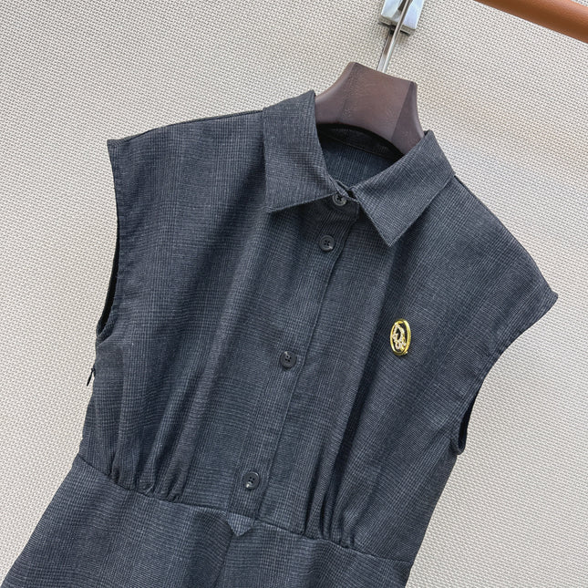 DIOR 26S SLEEVELESS FLARED SHIRT DRESS IN DARK BLUE LINEN BLEND