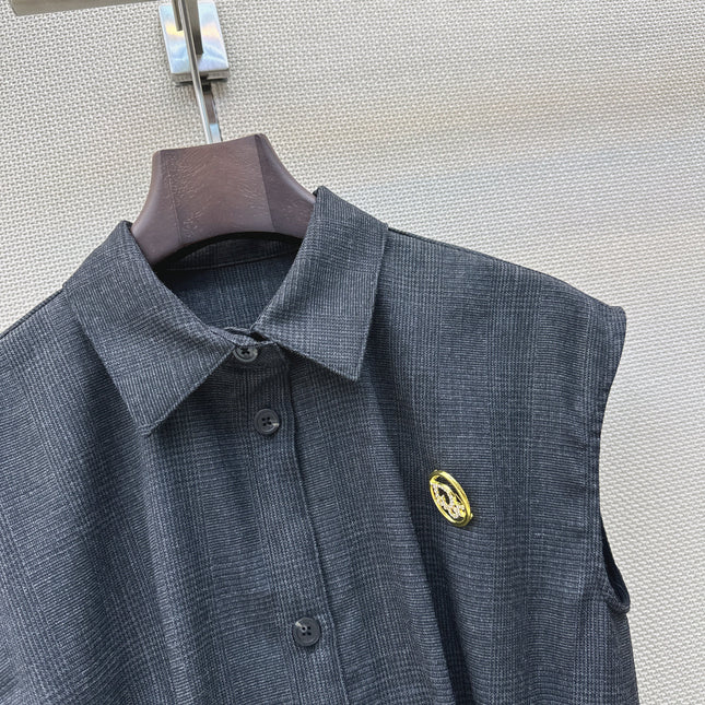 DIOR 26S SLEEVELESS FLARED SHIRT DRESS IN DARK BLUE LINEN BLEND