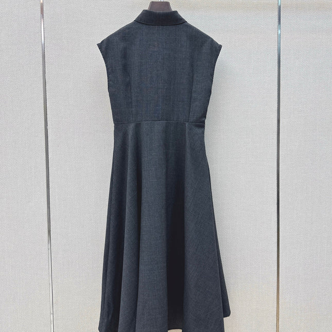 DIOR 26S SLEEVELESS FLARED SHIRT DRESS IN DARK BLUE LINEN BLEND