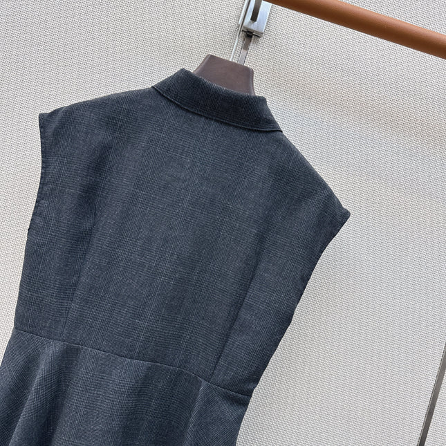 DIOR 26S SLEEVELESS FLARED SHIRT DRESS IN DARK BLUE LINEN BLEND