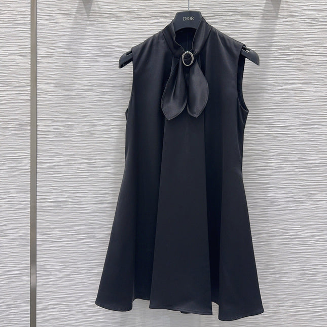 DIOR 26S SLEEVELESS FLARED DRESS WITH SCARF DETAIL IN BLACK SATIN