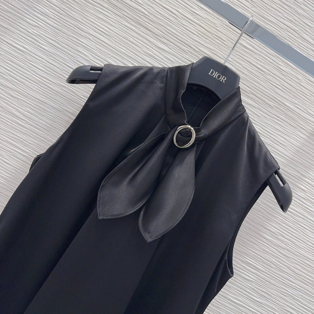 DIOR 26S SLEEVELESS FLARED DRESS WITH SCARF DETAIL IN BLACK SATIN