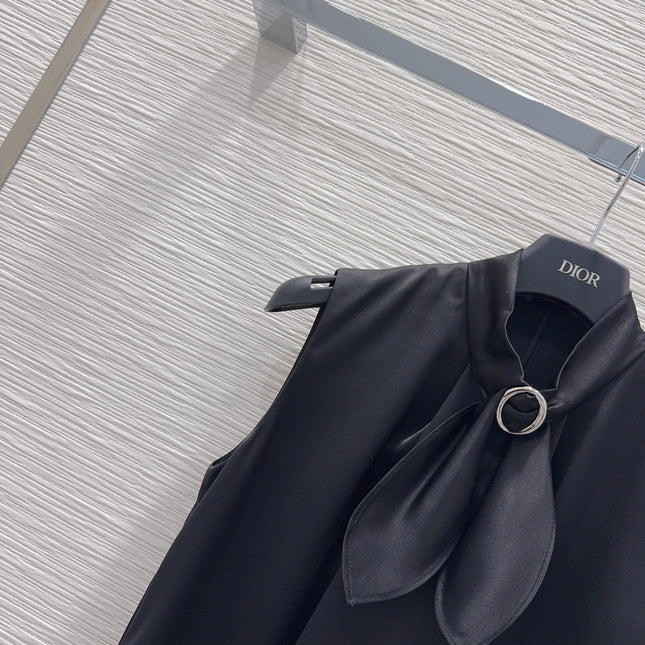 DIOR 26S SLEEVELESS FLARED DRESS WITH SCARF DETAIL IN BLACK SATIN
