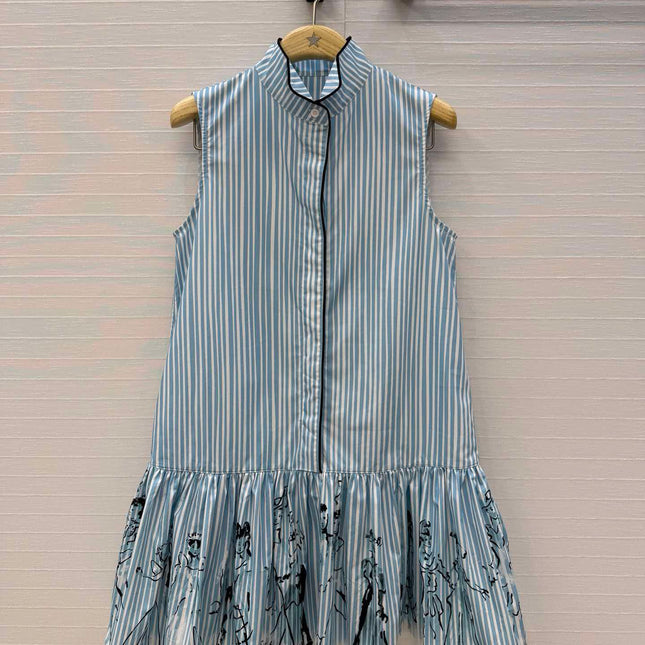 DIOR 26S STRIPED FLARED DRESS IN BLUE & WHITE COTTON BLEND