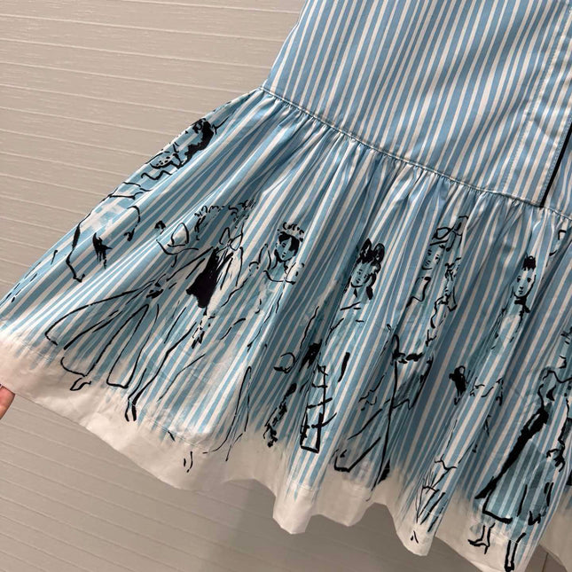 DIOR 26S STRIPED FLARED DRESS IN BLUE & WHITE COTTON BLEND