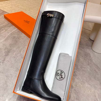 HERMES 26S HIGH BOOTS IN BLACK CALFSKIN SILVER HARDWARE