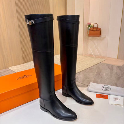 HERMES 26S HIGH BOOTS IN BLACK CALFSKIN SILVER HARDWARE