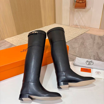 HERMES 26S HIGH BOOTS IN BLACK CALFSKIN SILVER HARDWARE