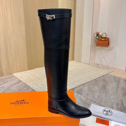 HERMES 26S HIGH BOOTS IN BLACK CALFSKIN SILVER HARDWARE
