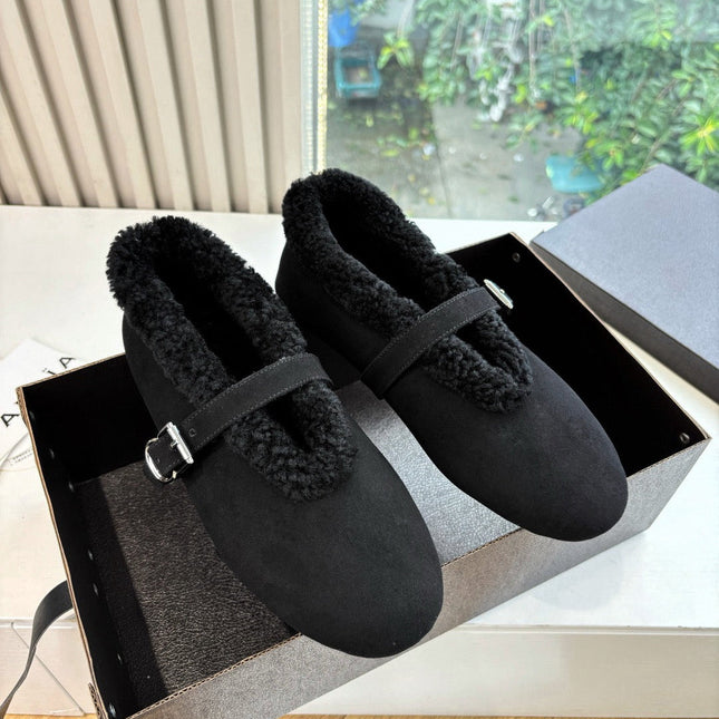 ALAIA 26S SHEARLING-LINED MARY JANE FLATS IN BLACK SUEDE