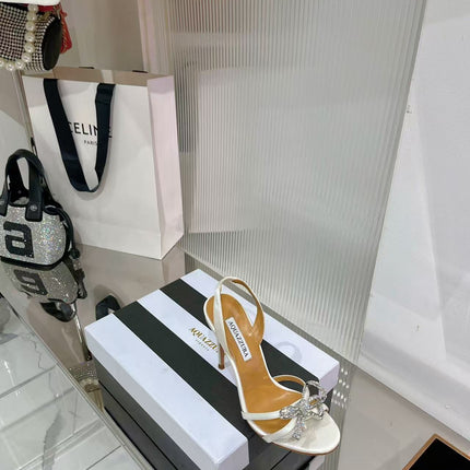 AQUAZZURA 26S CRYSTAL BOW SLINGBACK HIGH HEELS IN WHITE SATIN