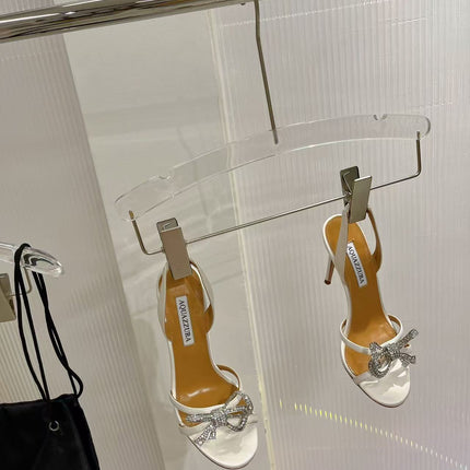 AQUAZZURA 26S CRYSTAL BOW SLINGBACK HIGH HEELS IN WHITE SATIN