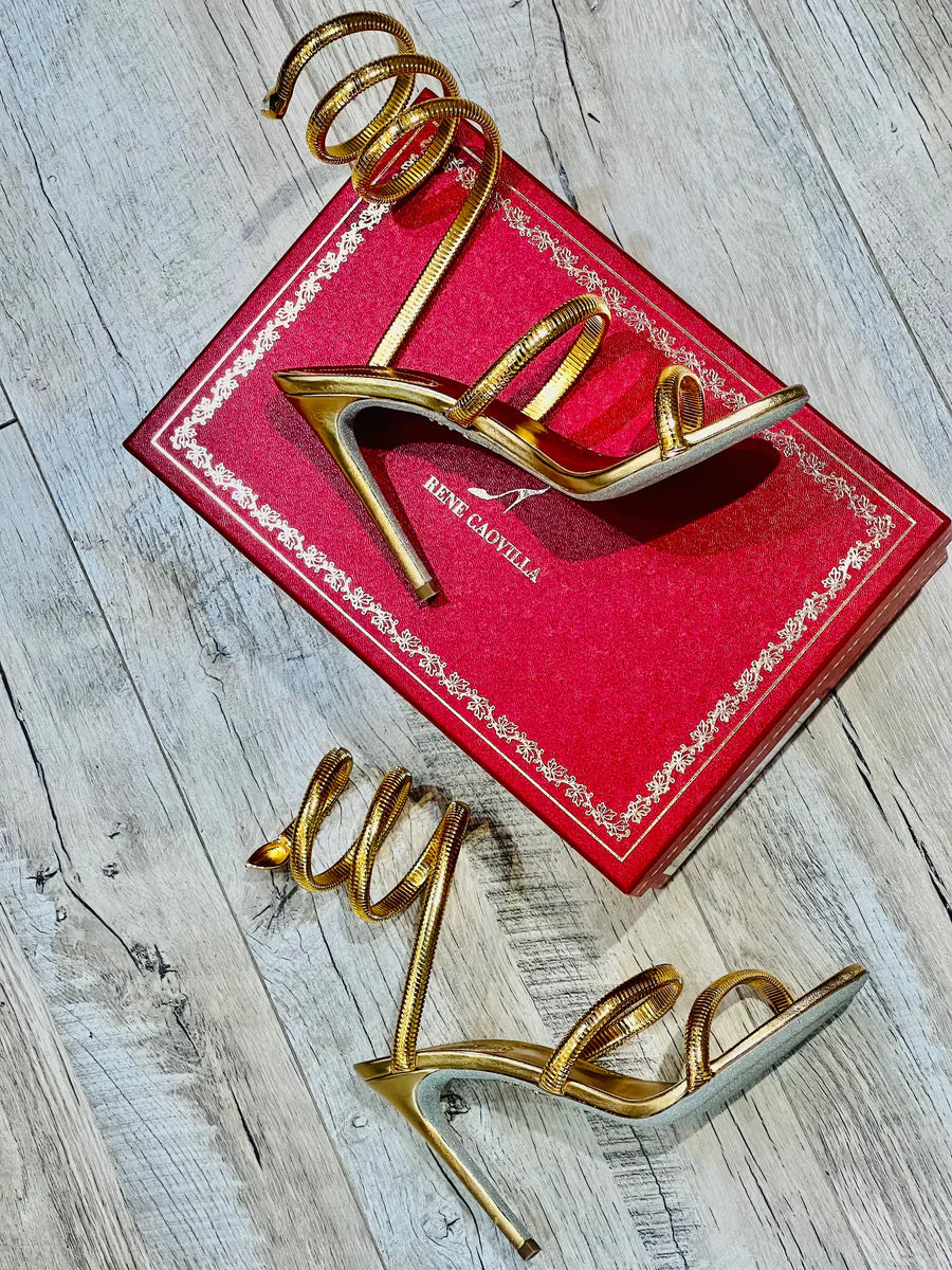 RENE CAOVILLA 26S STILETTO SANDALS 95 MM IN METALIC GOLD 01