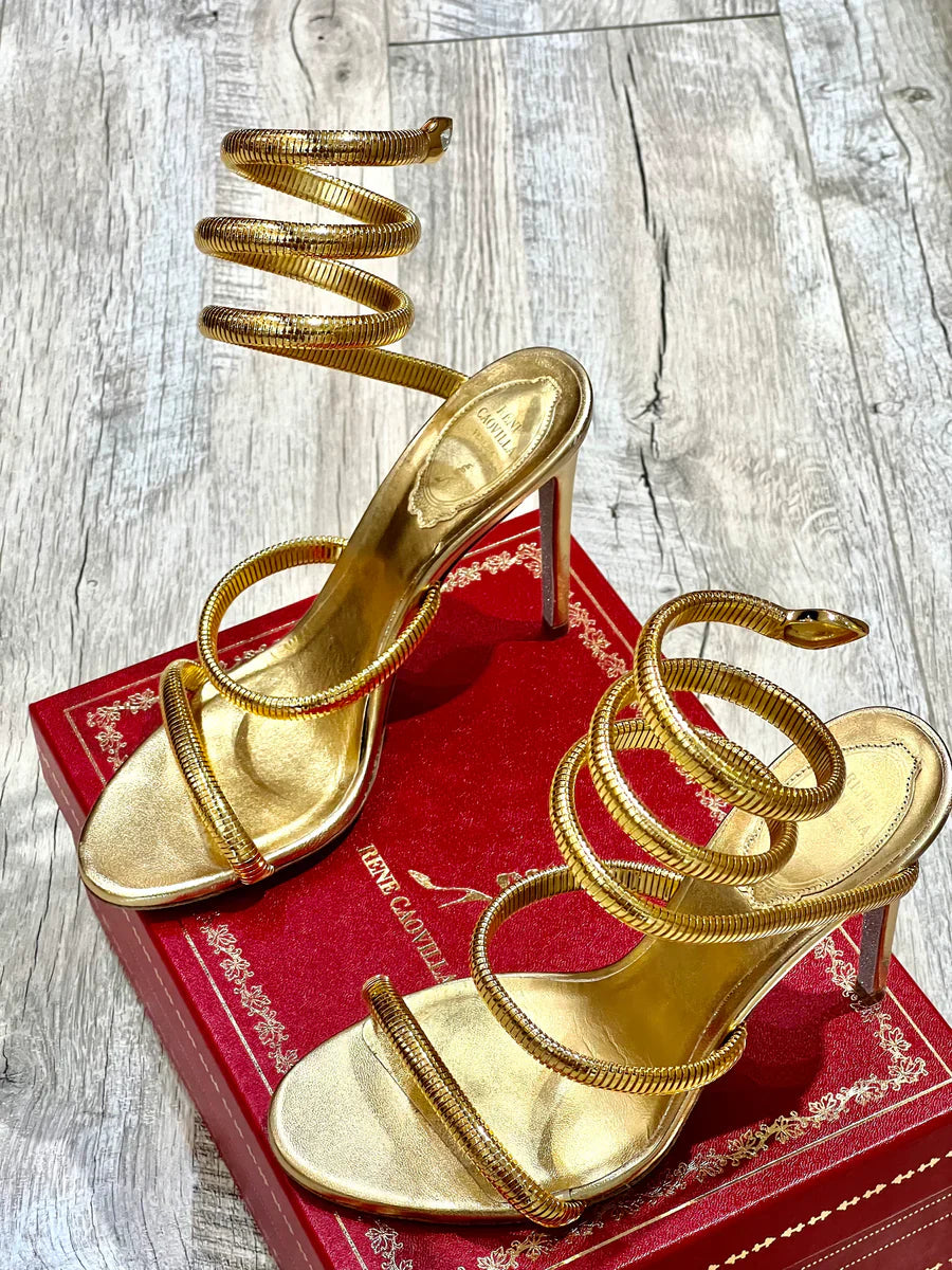 RENE CAOVILLA 26S STILETTO SANDALS 95 MM IN METALIC GOLD 01