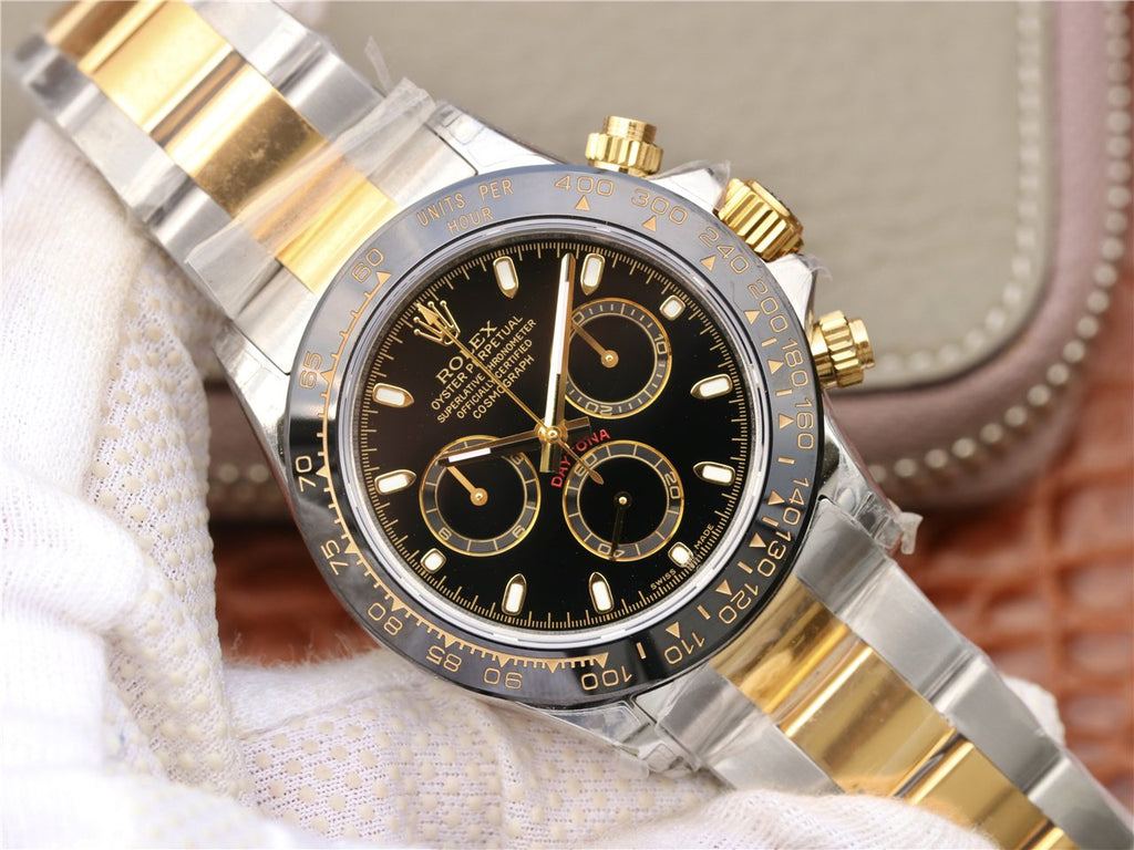 DAYTONA 40MM GOLD STEEL BLACK BEZEL BLACK DIAL