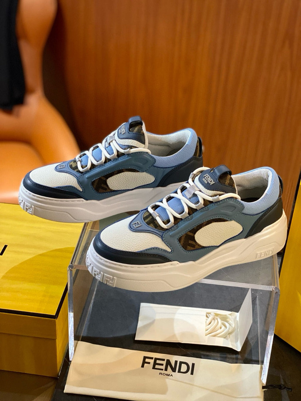 FENDI SNEAKERS IN BLUE MIX WHITE CALFSKIN