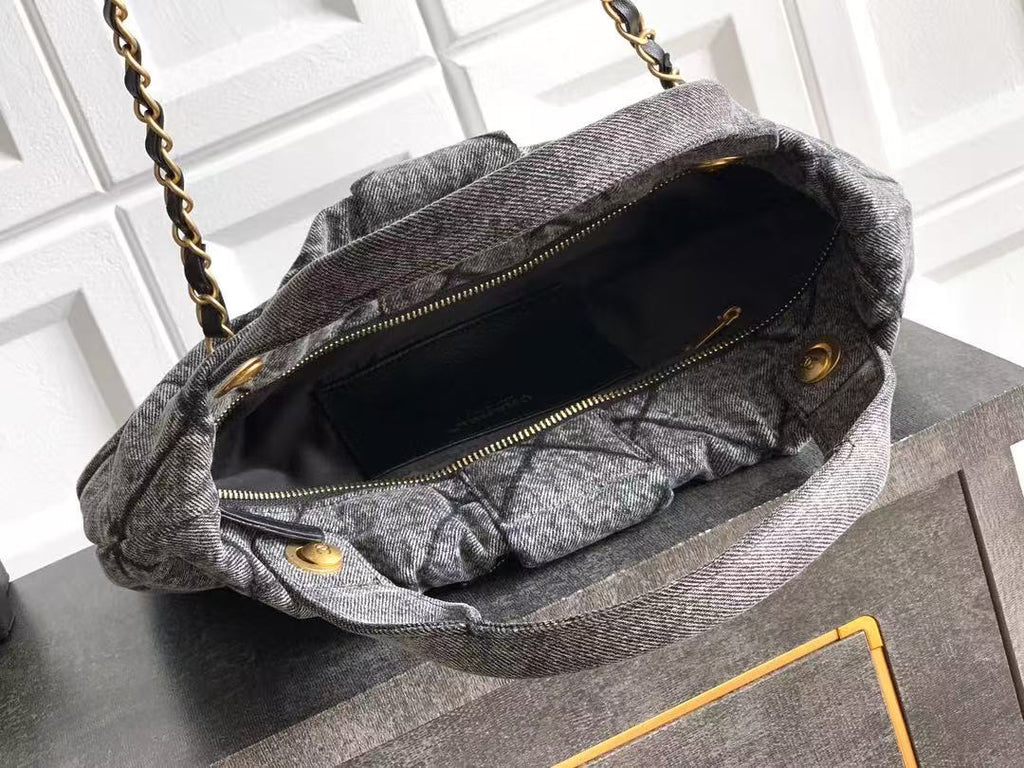 CC MAXI BOW BAG 38 IN BLACK DENIM WITH GOLD HARDWARE