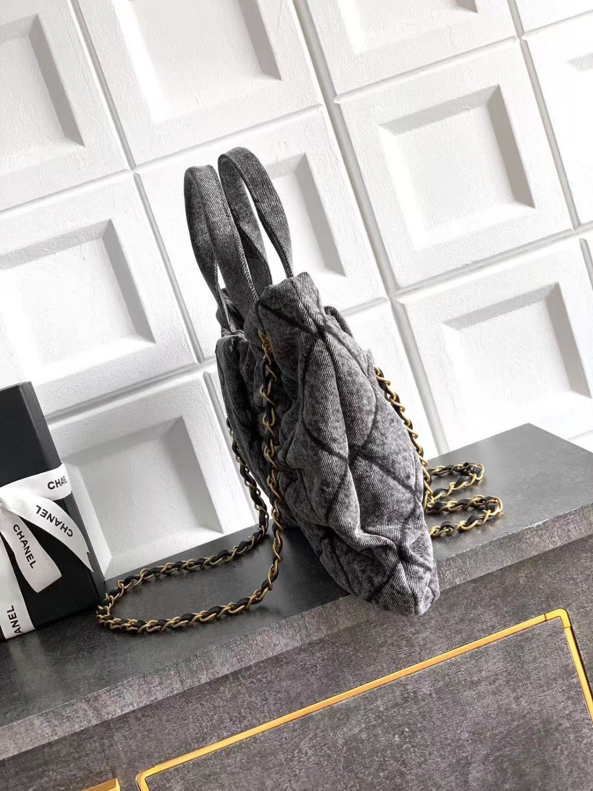CC MAXI BOW BAG 38 IN BLACK DENIM WITH GOLD HARDWARE