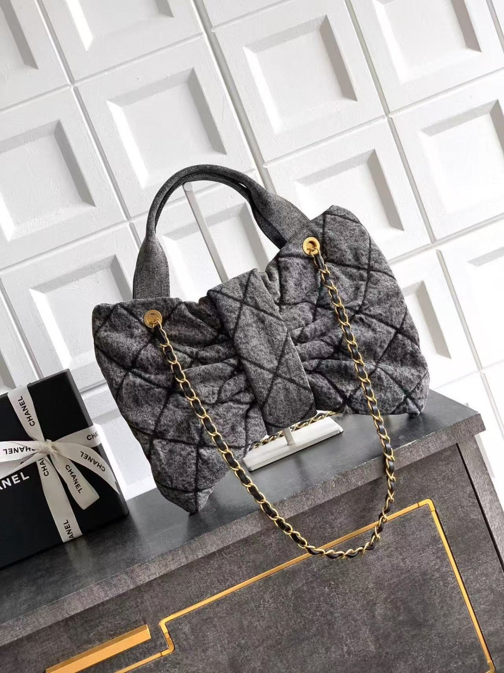 CC MAXI BOW BAG 38 IN BLACK DENIM WITH GOLD HARDWARE