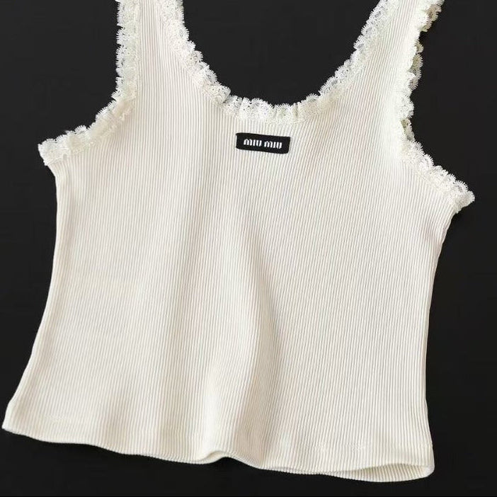MIU MIU LACE-TRIM TANK TOP IN WHITE