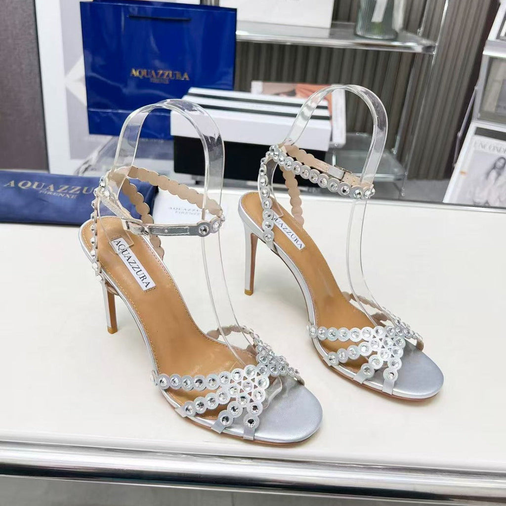 AQUAZZURA TEQUILA CRYSTAL-EMBELLISHED HIGH HEELS IN SILVER CALFSKIN