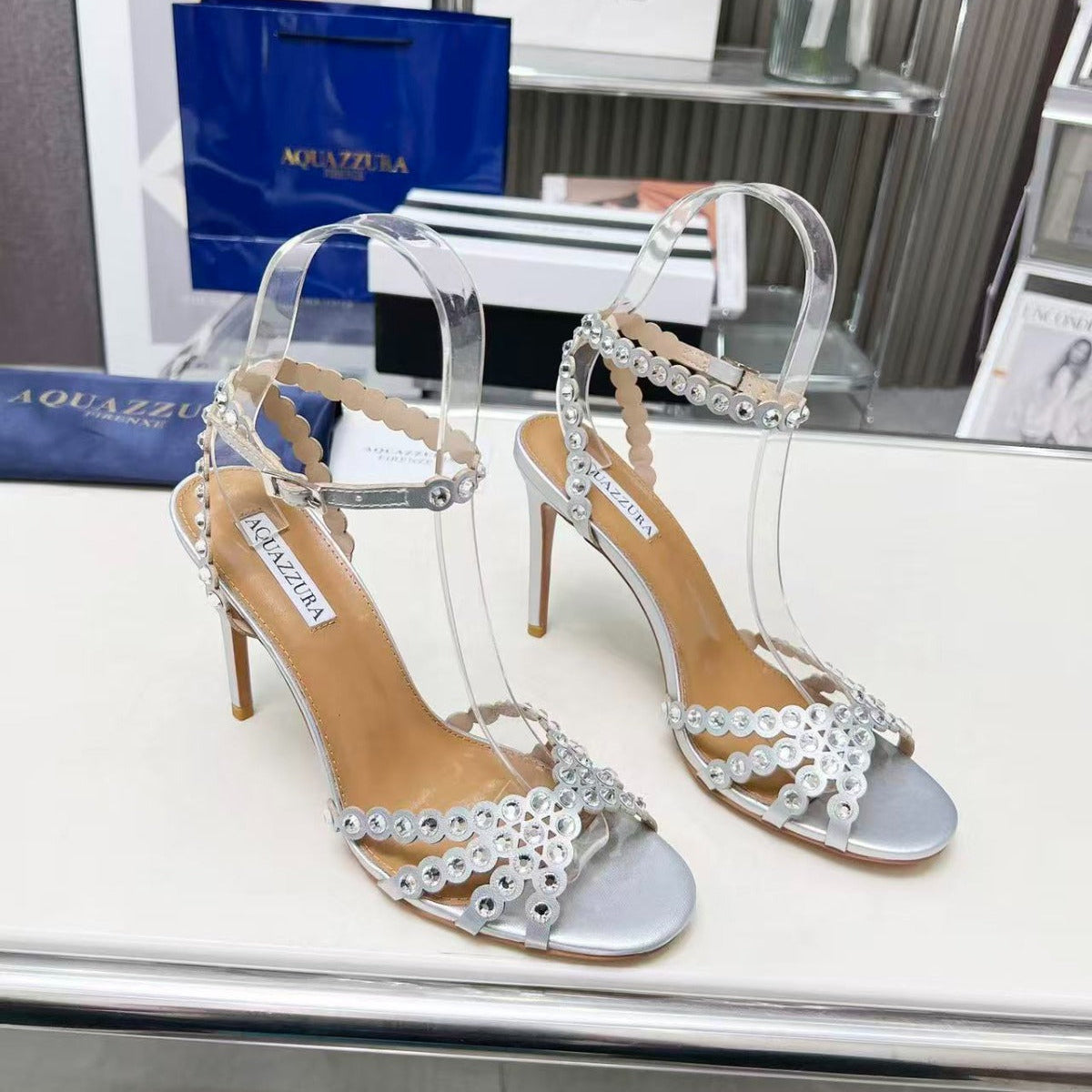 AQUAZZURA TEQUILA CRYSTAL-EMBELLISHED HIGH HEELS IN SILVER CALFSKIN