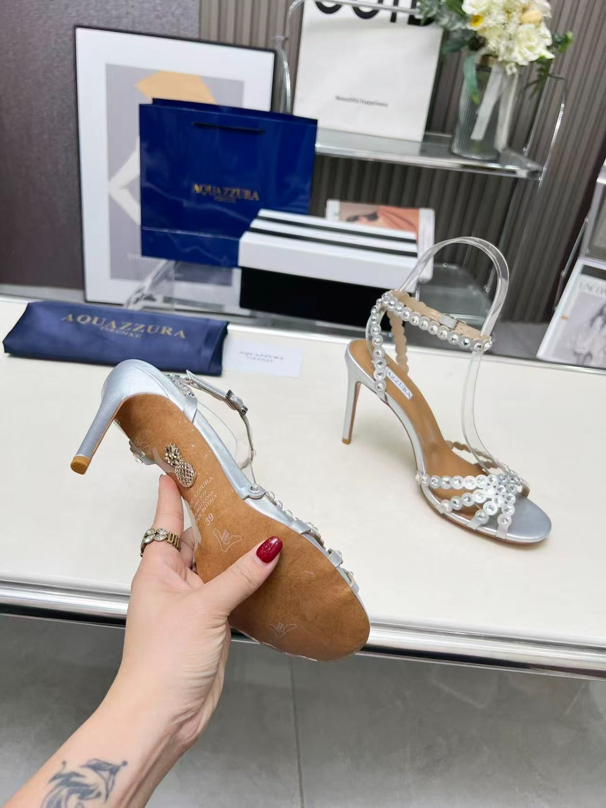 AQUAZZURA TEQUILA CRYSTAL-EMBELLISHED HIGH HEELS IN SILVER CALFSKIN