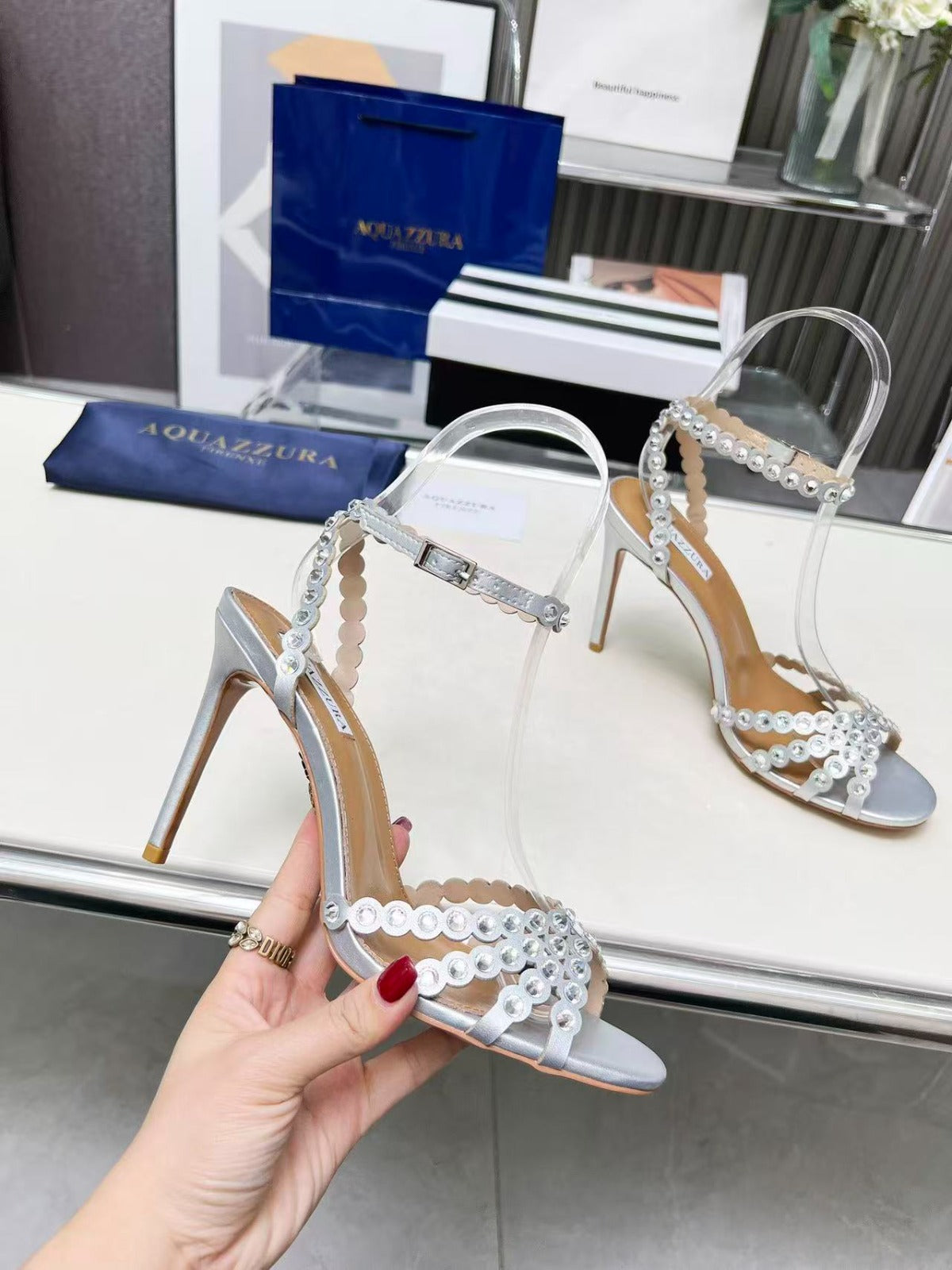 AQUAZZURA TEQUILA CRYSTAL-EMBELLISHED HIGH HEELS IN SILVER CALFSKIN