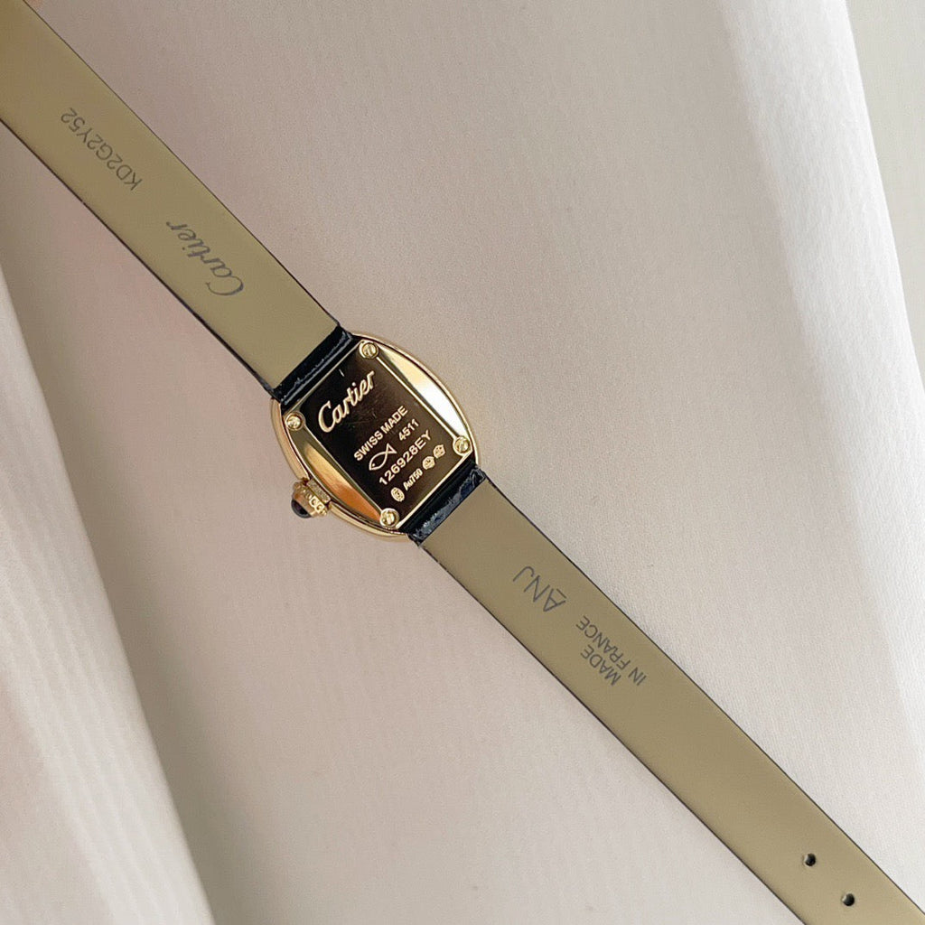BAIGNOIRE WATCH GOLD OVAL CASE 18MM WHITE DIAL WITH BLACK STRAP
